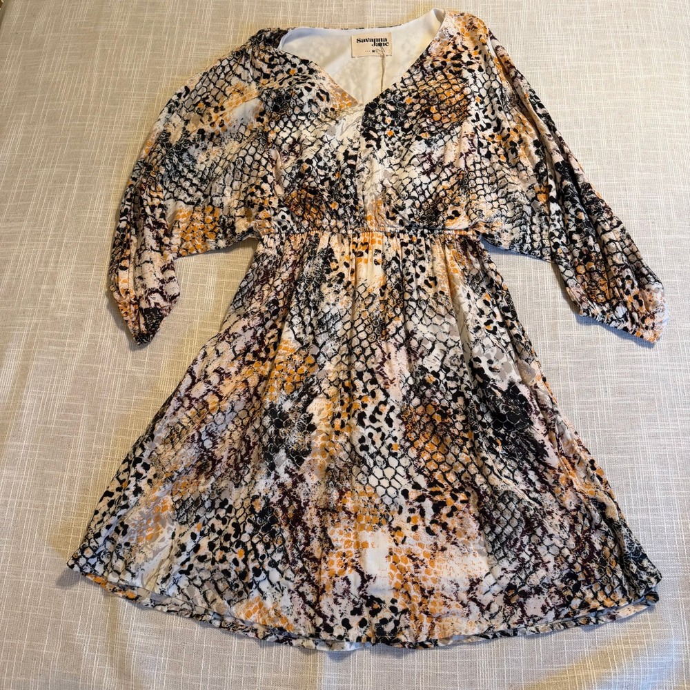 Savanna Jane Womens Orange Black Snakeskin V-Neck Mini Dress Medium NWT 7-397-1
